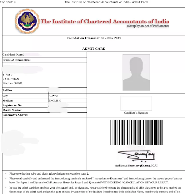 Download CA Foundation Admit Card May 2020